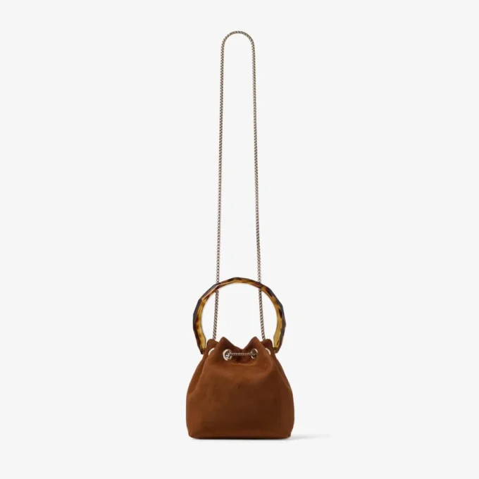 Bon Bon Tan Suede Bucket Bag with Bead Closure and Tortoishell Handle