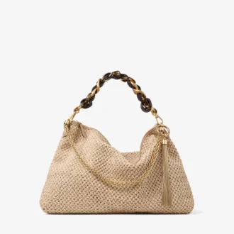 Callie Maxi Natural and Coffee Raffia Shoulder Bag with Detachable Woven Nappa Leather Strap