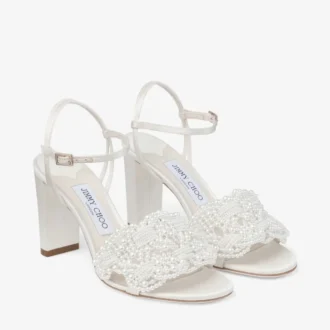 Cary 85 Ivory Satin Block Heel Sandal with Pearl Embellishments