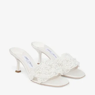 Cary Mule 70 Ivory Satin Mule Sandal with Pearl Embellishments