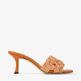 Chara 70 Sunset Orange Crochet Raffia and Nappa Leather Mule Sandals