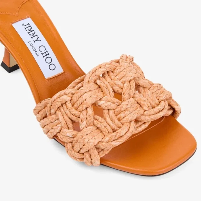 Chara 70 Sunset Orange Crochet Raffia and Nappa Leather Mule Sandals