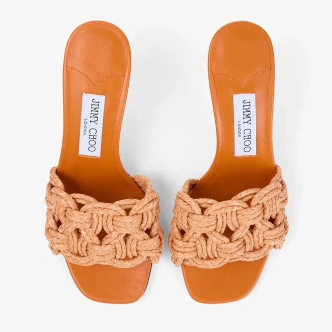 Chara 70 Sunset Orange Crochet Raffia and Nappa Leather Mule Sandals