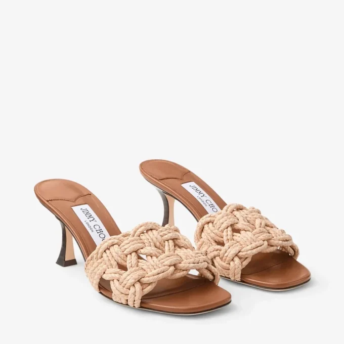 Chara 70 Tan Leather and Crochet Raffia Mule Sandal