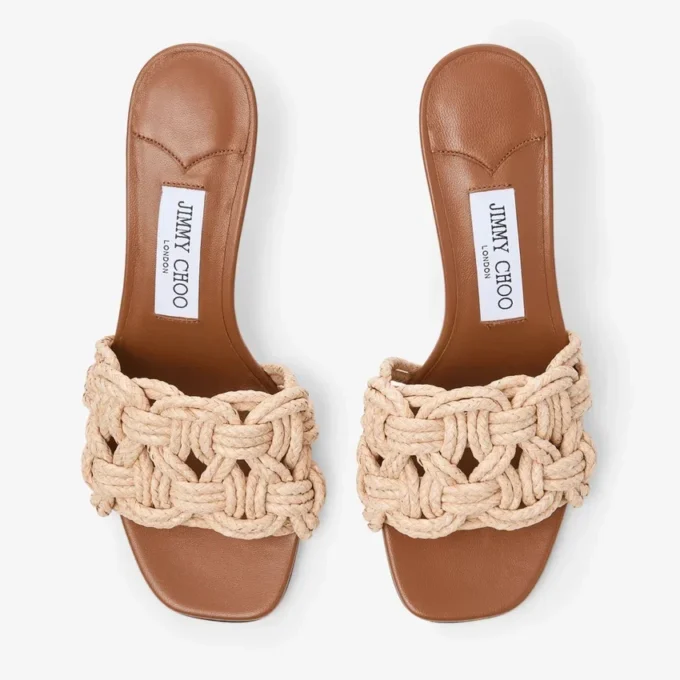 Chara 70 Tan Leather and Crochet Raffia Mule Sandal