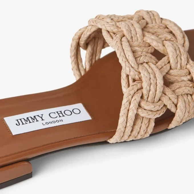 Chara Flat Tan Leather and Crochet Raffia Slide