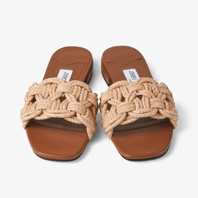 Chara Flat Tan Leather and Crochet Raffia Slide