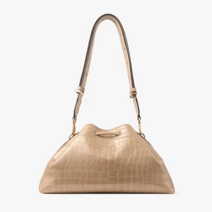 Cinch Medium Chai Shiny Croc Embossed Leather Shoulder Bag