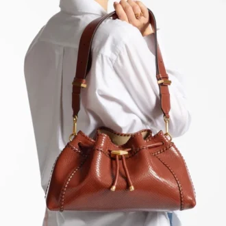 Cinch Medium Cognac Elaphe Printed Leather Shoulder Bag with Biker Leather Whipstitching