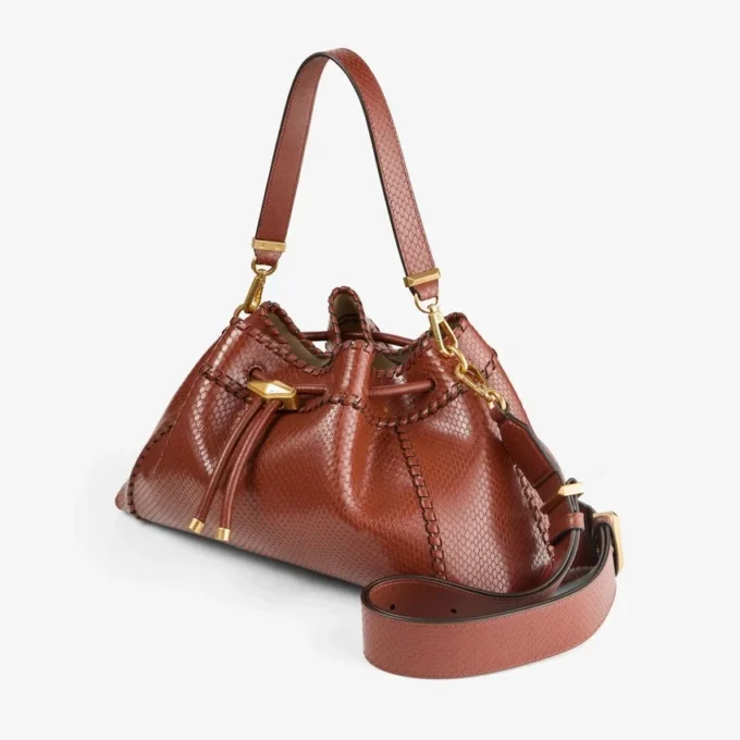Cinch Medium Cognac Elaphe Printed Leather Shoulder Bag with Biker Leather Whipstitching