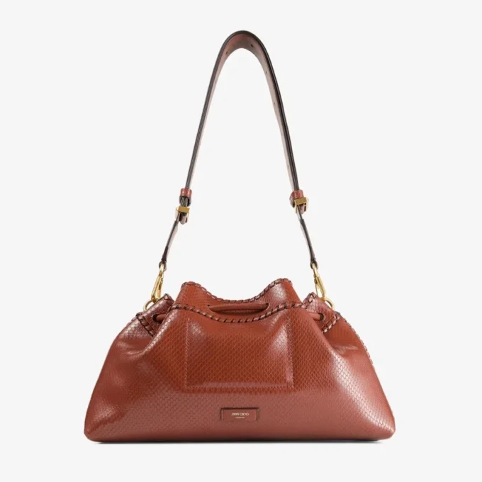 Cinch Medium Cognac Elaphe Printed Leather Shoulder Bag with Biker Leather Whipstitching