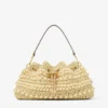 Cinch Medium Natural and Cappuccino Beaded Raffia Bucket Bag with Smooth Calf Leather