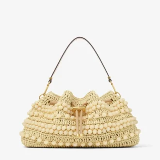 Cinch Medium Natural and Cappuccino Beaded Raffia Bucket Bag with Smooth Calf Leather