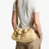 Cinch Medium Natural and Cappuccino Beaded Raffia Bucket Bag with Smooth Calf Leather