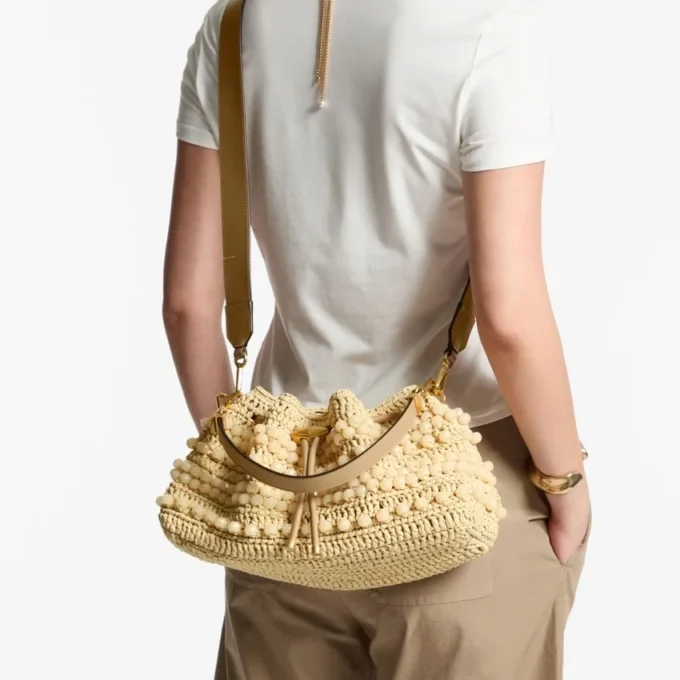 Cinch Medium Natural and Cappuccino Beaded Raffia Bucket Bag with Smooth Calf Leather