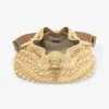 Cinch Medium Natural and Cappuccino Beaded Raffia Bucket Bag with Smooth Calf Leather