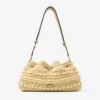 Cinch Medium Natural and Cappuccino Beaded Raffia Bucket Bag with Smooth Calf Leather