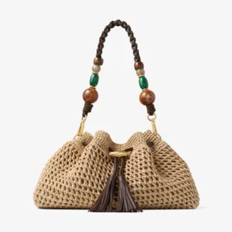 Cinch Medium Natural and Chocolate Crochet Raffia Shoulder Bag with Braided Strap