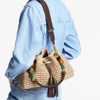Cinch Medium Natural and Chocolate Crochet Raffia Shoulder Bag with Braided Strap