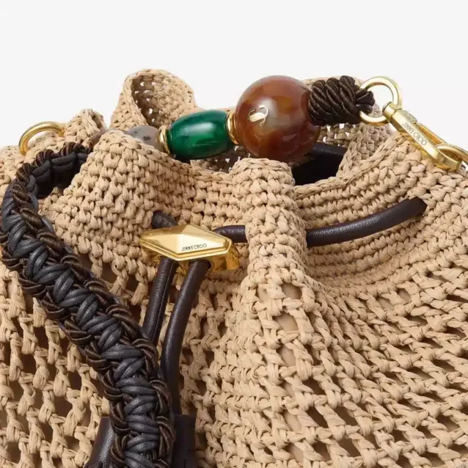 Cinch Medium Natural and Chocolate Crochet Raffia Shoulder Bag with Braided Strap