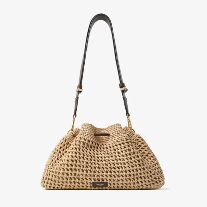 Cinch Medium Natural and Chocolate Crochet Raffia Shoulder Bag with Braided Strap