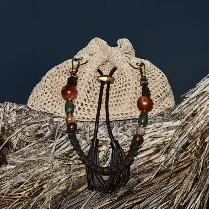 Cinch Medium Natural and Chocolate Crochet Raffia Shoulder Bag with Braided Strap