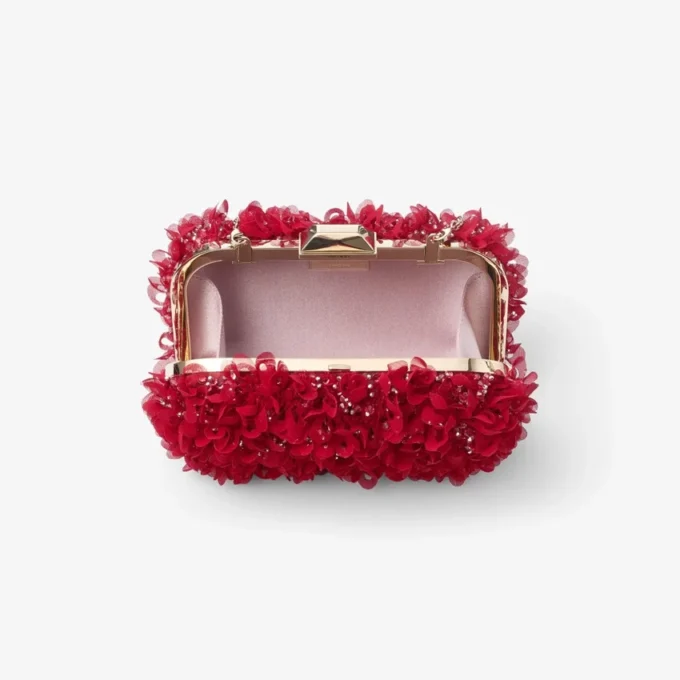 Cloud Ruby Red Satin Clutch Bag with Petal Embroidery