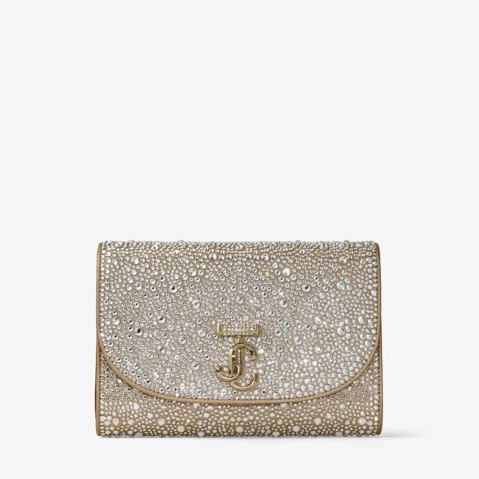 Curve Clutch Gold Shimmer Suede Clutch Bag with Hotfix Crystals