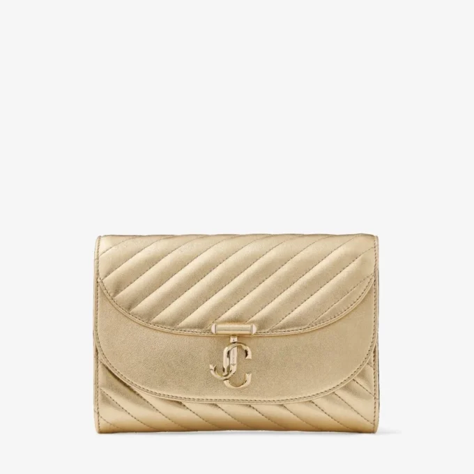 Curve Clutch Shiny Gold Quilted Metallic Leather Clutch with Chain
