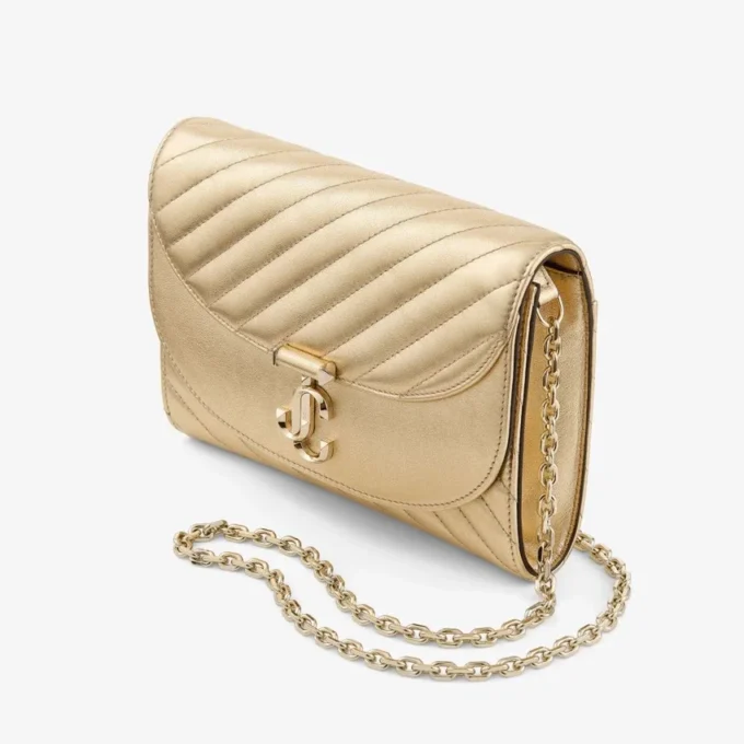 Curve Clutch Shiny Gold Quilted Metallic Leather Clutch with Chain