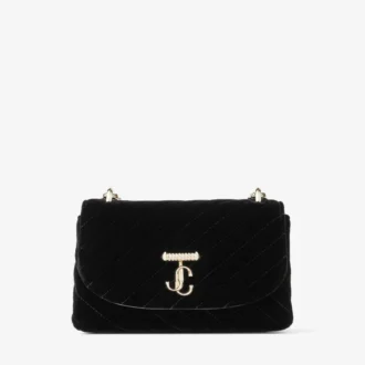 Curve Cross Body Small Black Quilted Velvet Crossbody Bag with Crystal Jc Bar