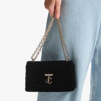 Curve Cross Body Small Black Quilted Velvet Crossbody Bag with Crystal Jc Bar