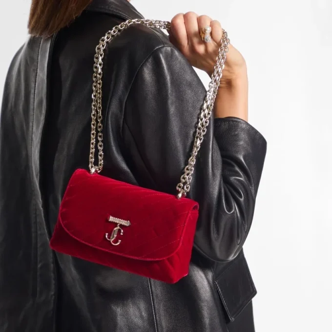 Curve Cross Body Small Ruby Red Quilted Velvet Crossbody Bag with Crystal Jc Bar
