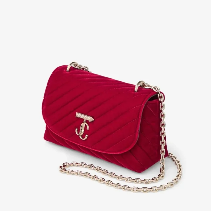 Curve Cross Body Small Ruby Red Quilted Velvet Crossbody Bag with Crystal Jc Bar