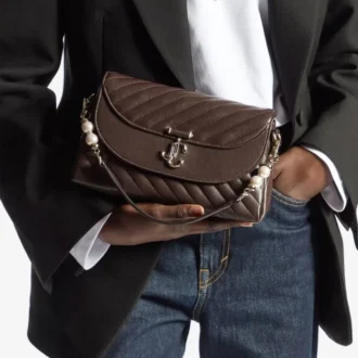 Curve Top Handle Chocolate Quilted Biker Leather Shoulder Bag with Pearl Embellishments