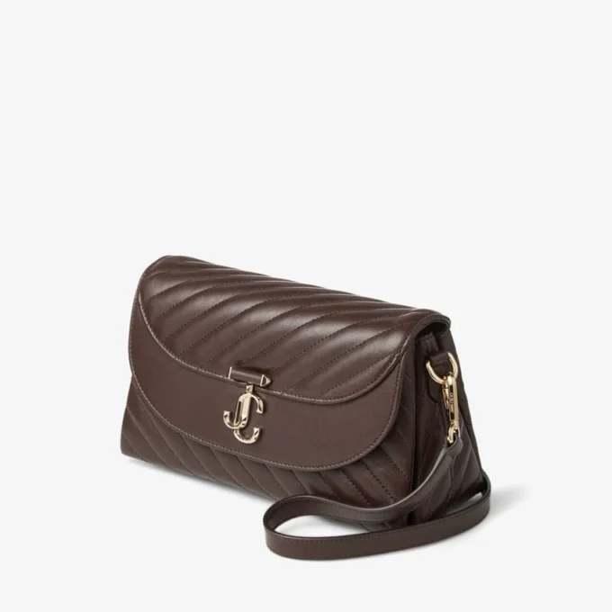 Curve Top Handle Chocolate Quilted Biker Leather Shoulder Bag with Pearl Embellishments