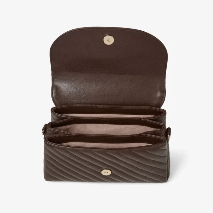 Curve Top Handle Chocolate Quilted Biker Leather Shoulder Bag with Pearl Embellishments