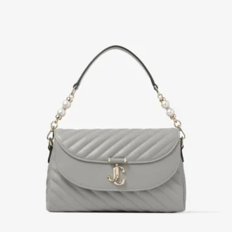 Curve Top Handle Dove Quilted Biker Leather Top Handle Bag with Pearl Detail