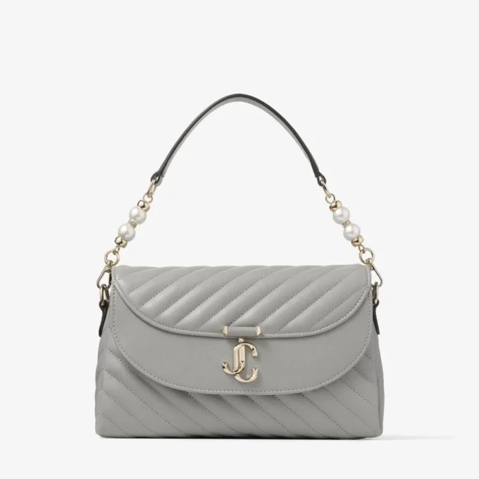 Curve Top Handle Dove Quilted Biker Leather Top Handle Bag with Pearl Detail