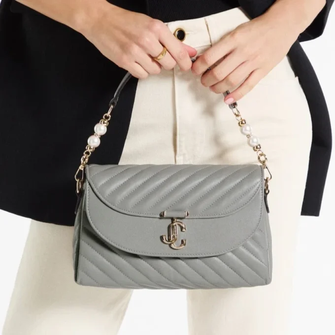 Curve Top Handle Dove Quilted Biker Leather Top Handle Bag with Pearl Detail