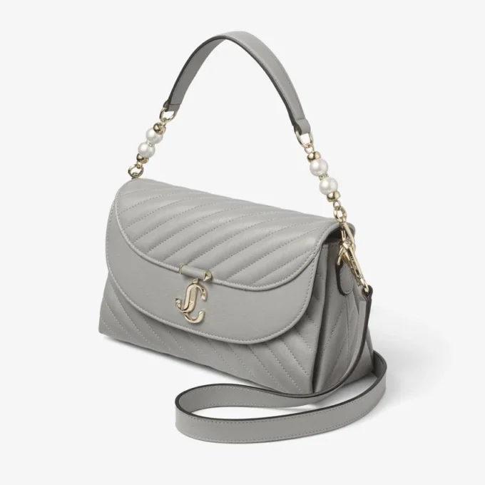 Curve Top Handle Dove Quilted Biker Leather Top Handle Bag with Pearl Detail