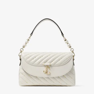 Curve Top Handle Latte Quilted Nappa Leather Top Handle Bag with Pearl Detail