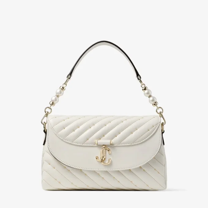 Curve Top Handle Latte Quilted Nappa Leather Top Handle Bag with Pearl Detail