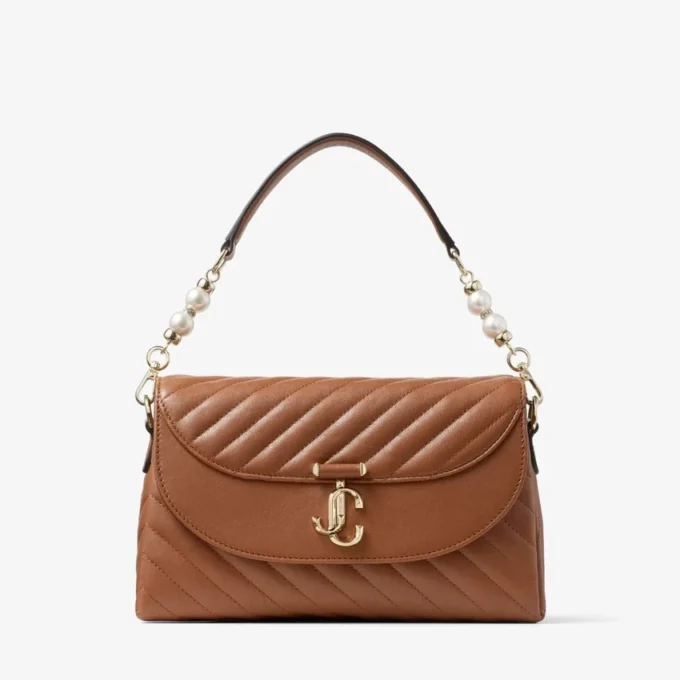 Curve Top Handle Tan Quilted Biker Leather Top Handle Bag with Pearl Detail