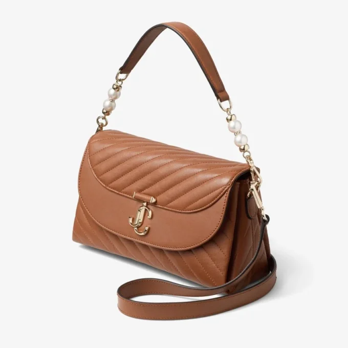 Curve Top Handle Tan Quilted Biker Leather Top Handle Bag with Pearl Detail