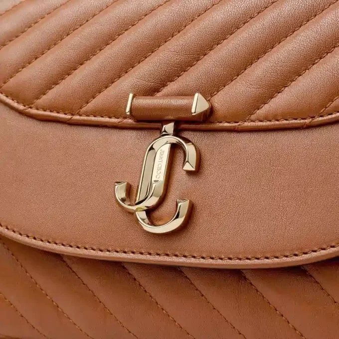 Curve Top Handle Tan Quilted Biker Leather Top Handle Bag with Pearl Detail