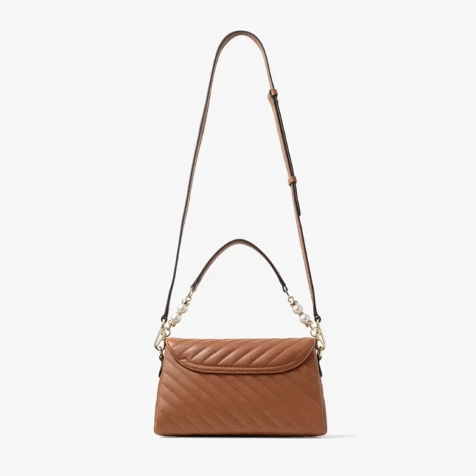 Curve Top Handle Tan Quilted Biker Leather Top Handle Bag with Pearl Detail