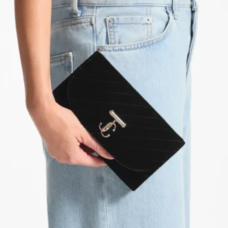 Curve Wallet with Chain Black Quilted Velvet Mini Bag with Crystal Jc Bar