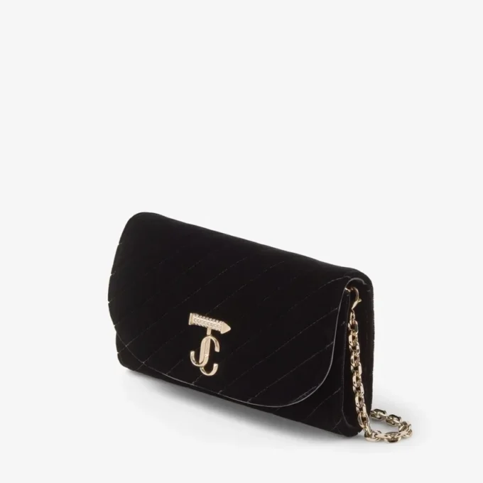 Curve Wallet with Chain Black Quilted Velvet Mini Bag with Crystal Jc Bar