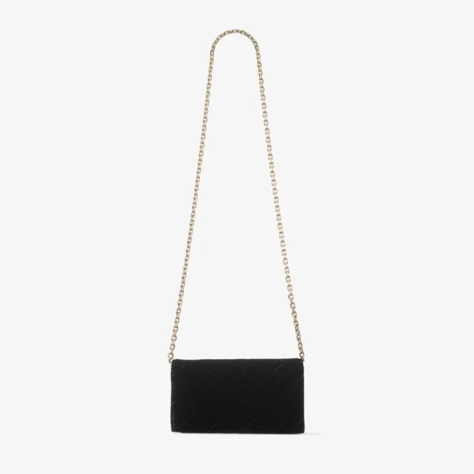 Curve Wallet with Chain Black Quilted Velvet Mini Bag with Crystal Jc Bar